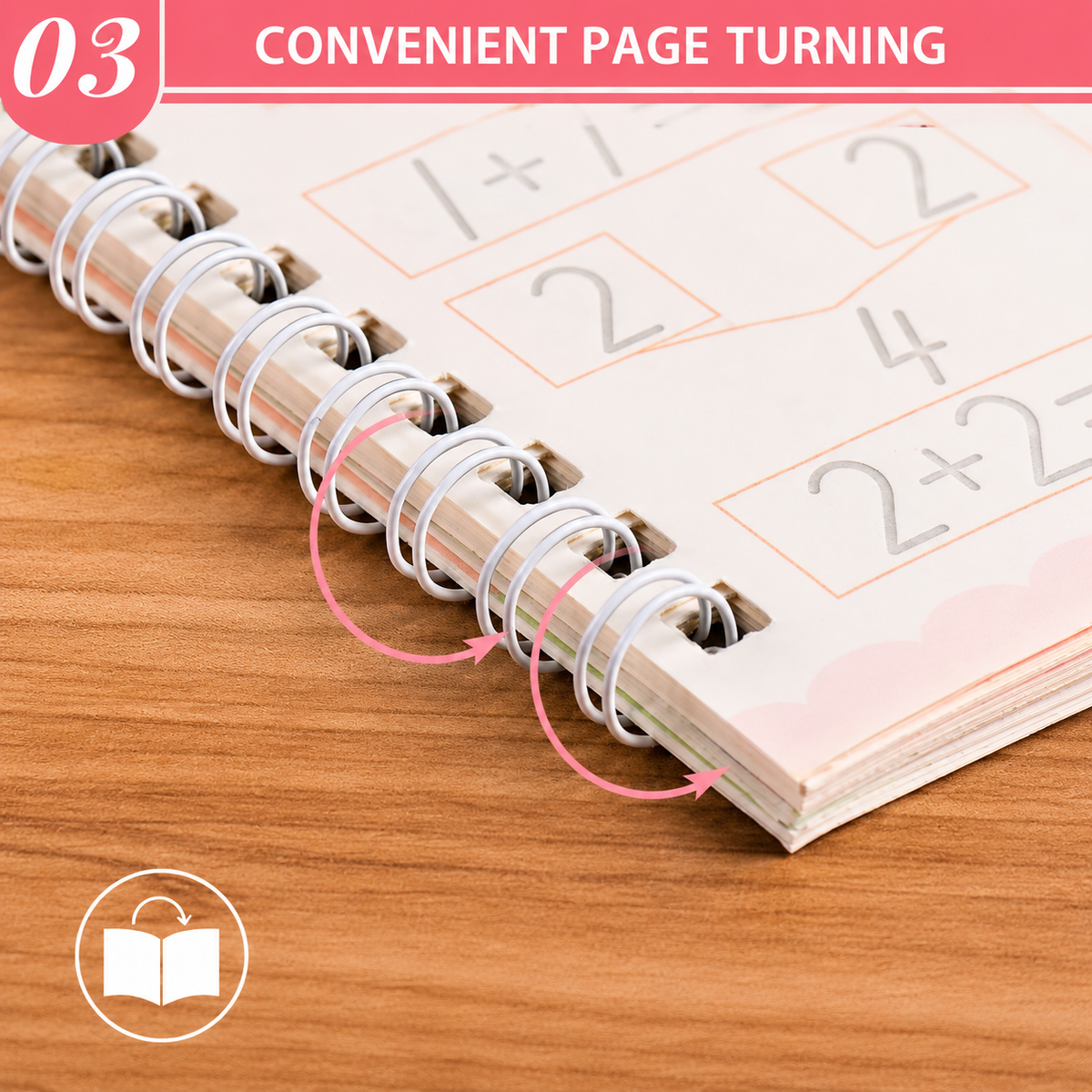 A spiral-bound notebook shown on a wooden surface with a pink banner reading '03 CONVENIENT PAGE TURNING' and pink arrows indicating the page-turning feature. The notebook pages are cream with faint math practice problems.