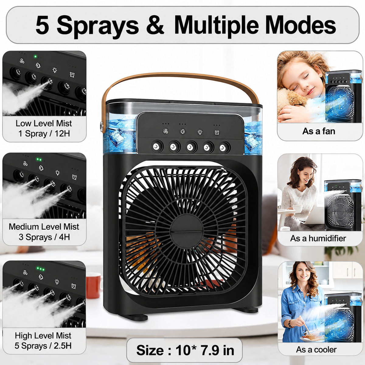 Portable Mini Air Cooler Fan with Water Mist & LED Light