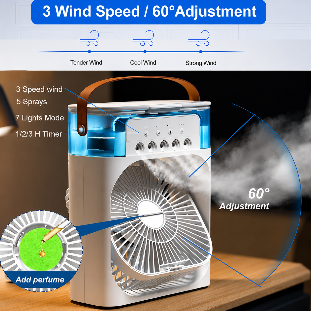 Portable Mini Air Cooler Fan with Water Mist & LED Light