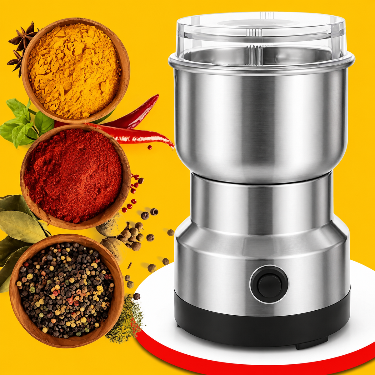 A stainless steel electric spice grinder with a clear lid and black base, shown on a bright yellow background with bowls of spices and herbs around it.