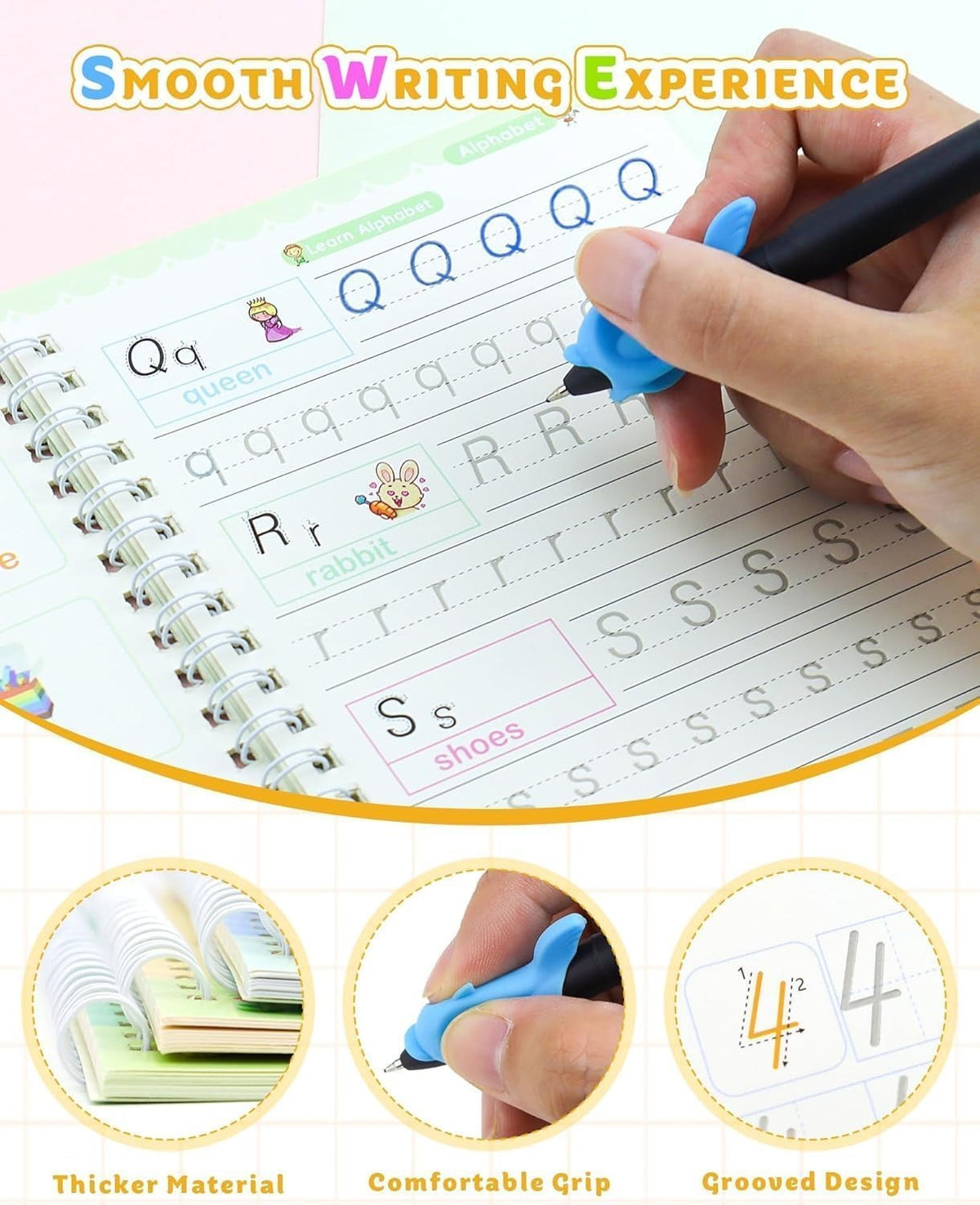 Hand writing on a notebook with a pen, emphasizing a smooth writing experience.
