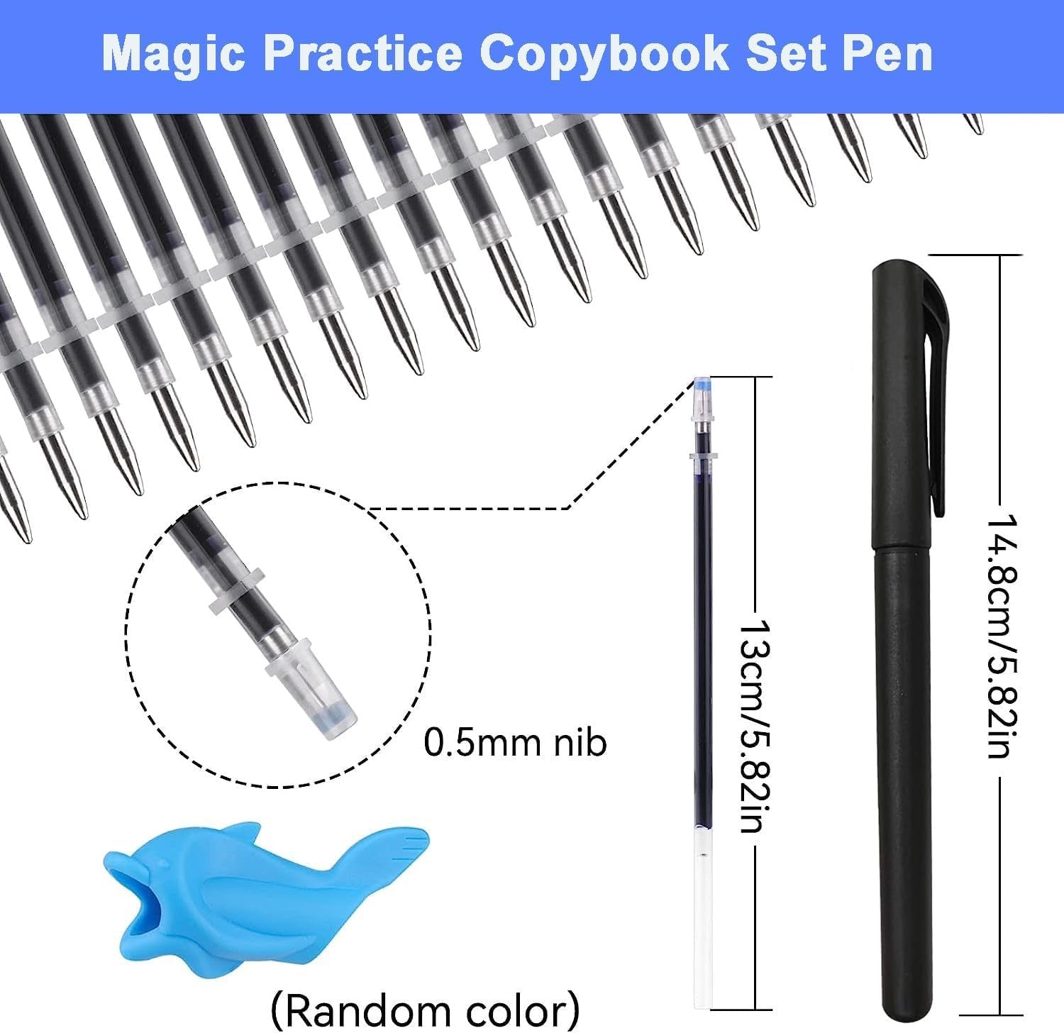 Black pen with 0.5mm nib, blue cap, and measurements on a white background