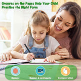 Woman and child writing together with educational text and graphics about learning tools.