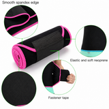 A black neoprene roll-up support sleeve with bright pink trim, shown on a white background with callout circles highlighting the smooth spandex edge, elastic soft neoprene end, fastener tape, and texture detail.