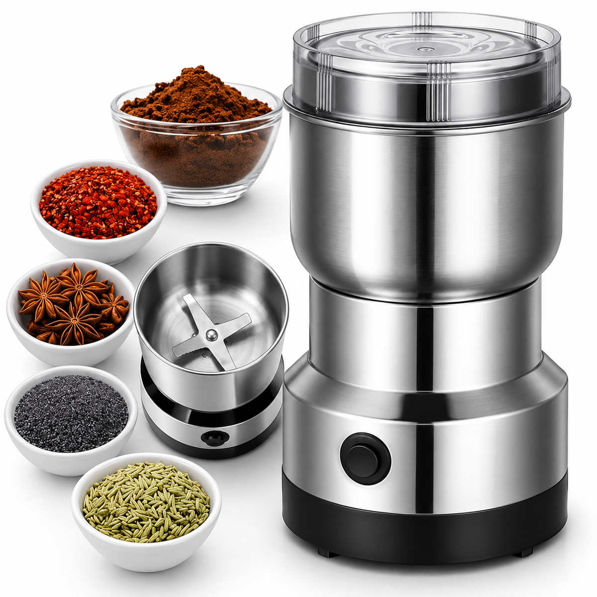 A stainless steel electric spice grinder with a clear lid and black base, shown alongside bowls of ingredients including ground brown spice, red pepper flakes, star anise, black seeds, and green fennel seeds on a white background.