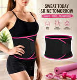 A woman wearing a black waist trainer belt with bright pink trim, shown alongside a standalone view of the belt and marketing text. The image includes a pink rolled mat, pink dumbbells, and a measuring tape on a light indoor floor, with text reading 'SWEAT TODAY SHINE TOMORROW' and smaller benefit icons.