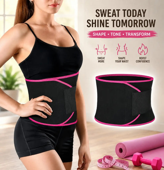 A woman wearing a black waist trainer belt with bright pink trim, shown alongside a standalone view of the belt and marketing text. The image includes a pink rolled mat, pink dumbbells, and a measuring tape on a light indoor floor, with text reading 'SWEAT TODAY SHINE TOMORROW' and smaller benefit icons.
